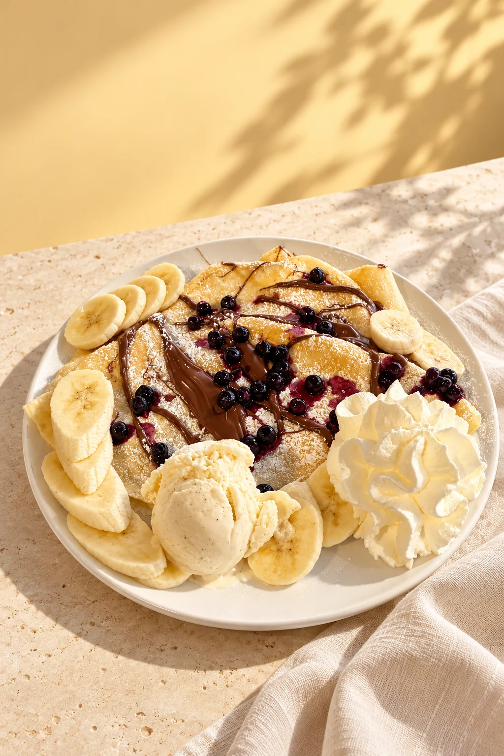 Crêpe-Dessert mit Banane, Beeren, Schokolade, Eis und Sahne