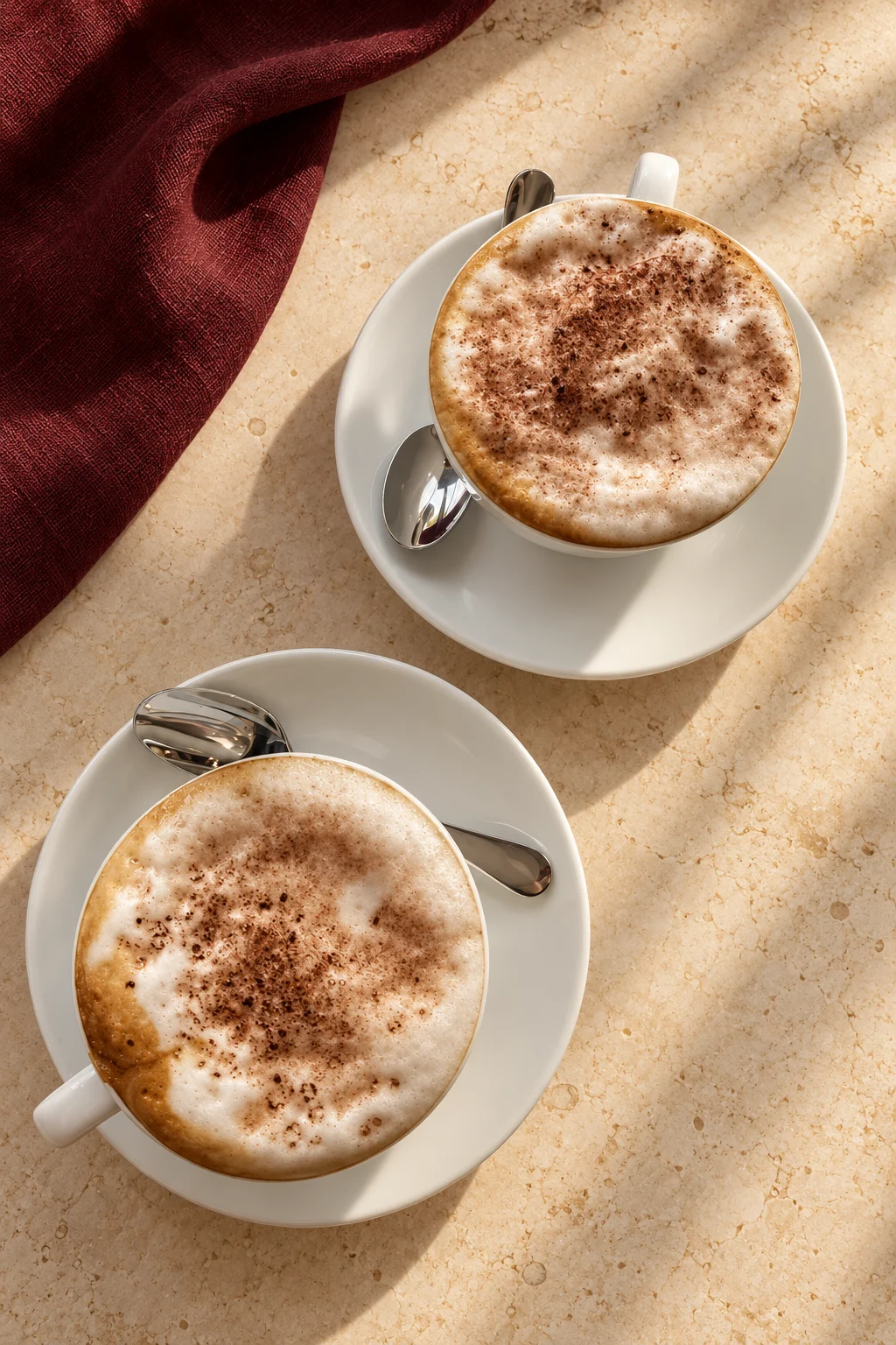 Zwei Cappuccini von oben auf hellem Stein, neu inszeniert nach einer anderen Originalaufnahme