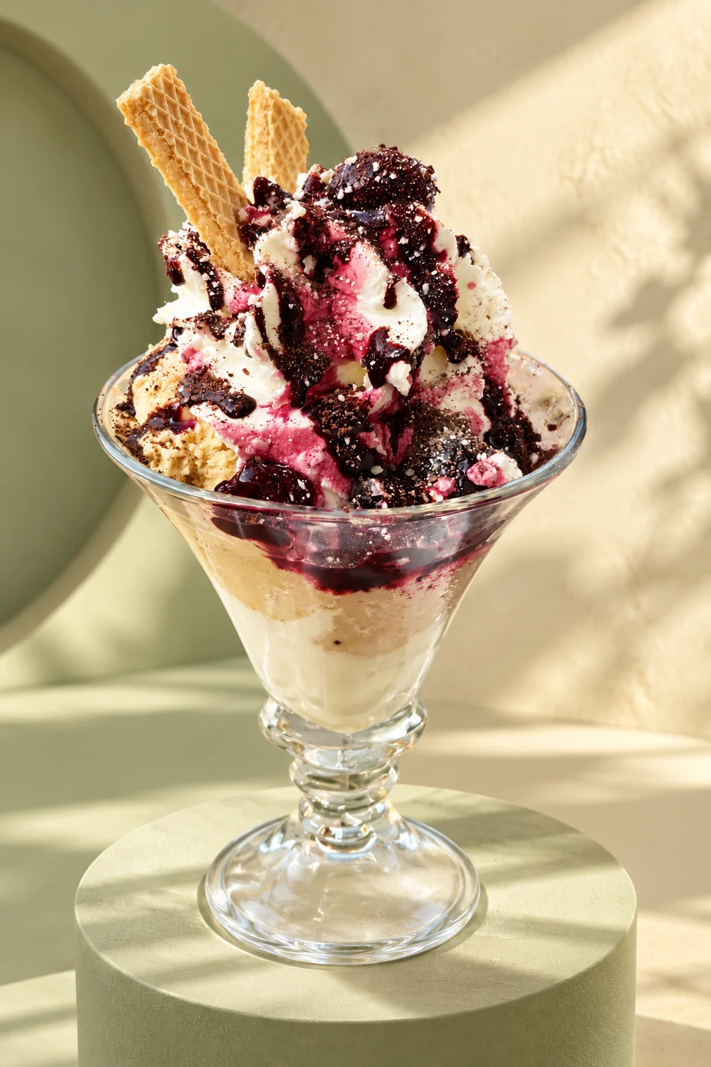 Cortinas Beeren-Eisbecher mit Waffeln, neu inszeniert auf einem salbeigrünen Sockel