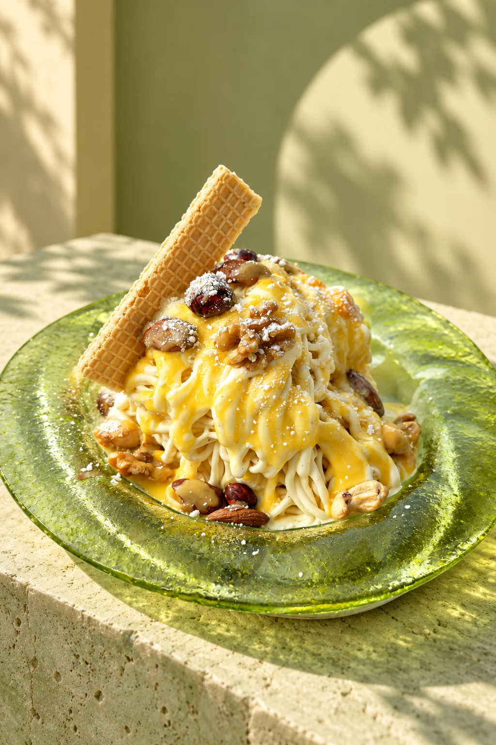 Eisspezialität auf dem grünen Glasteller, mit Waffel und Nüssen