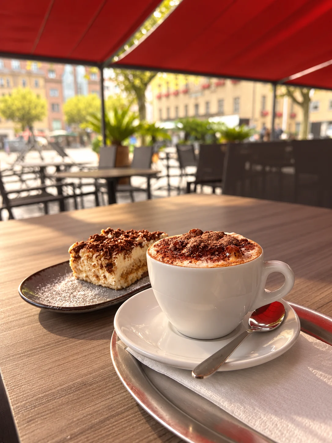 Lichtretuschierte Originalaufnahme der Cortina-Terrasse unter der roten Markise